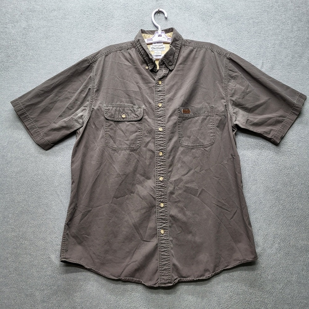VINTAGE Carhartt Men Button Up Shirt L TALL Brown Workshirt Logo Y2K READ